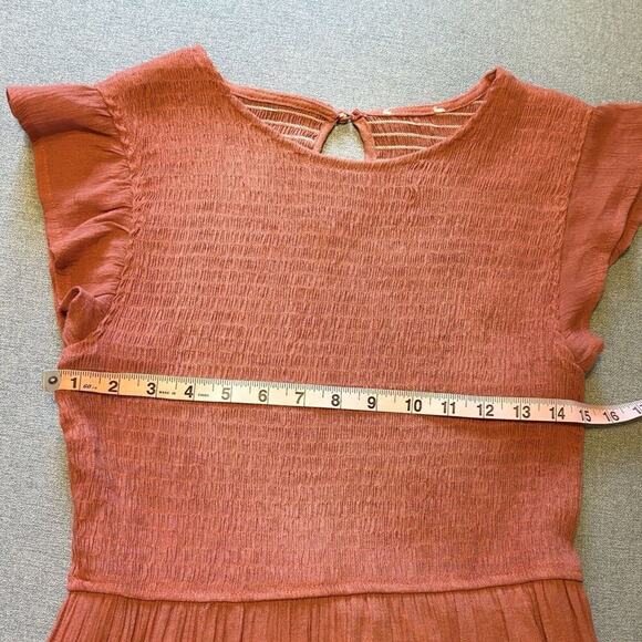 Coral Medium Flutter Sleeve Smocked Midi Dress Womens Casual Tiered Gauze - Picture 9 of 11